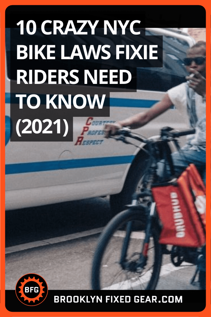 Image in a post titled 'nyc bike laws: 16 rules you need to know (2025 update)' | food delivery cyclist breaking nyc bike laws next to police van. Pinterest | fixed gear focus Food delivery cyclist breaking nyc bike laws next to police van. Pinterest