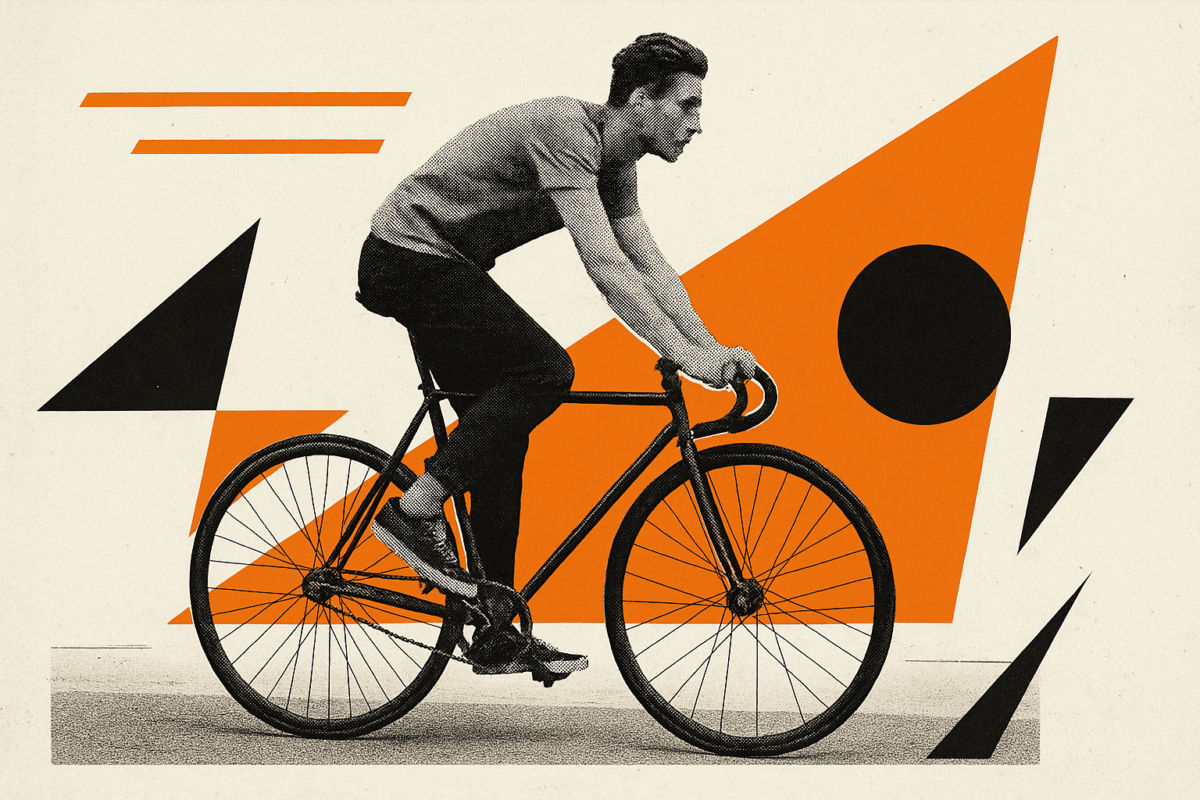 A man rides a fixed gear bike in profile rendered in black and white halftone against a minimalist cream background.