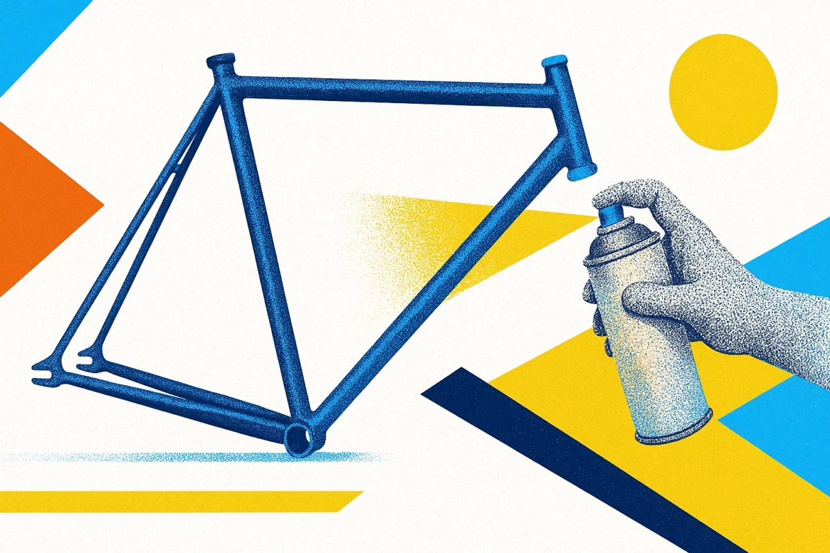 Image in a post titled 'how to paint a bike frame: diy bike makeover for under $100 in 4 easy steps' | image of man spraying bike | fixed gear focus Image of man spraying bike.