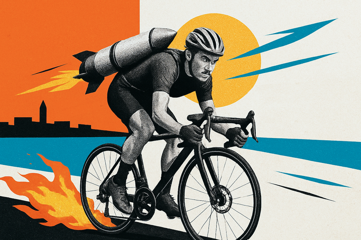 Image of a man on a bike strapped to a rocket.