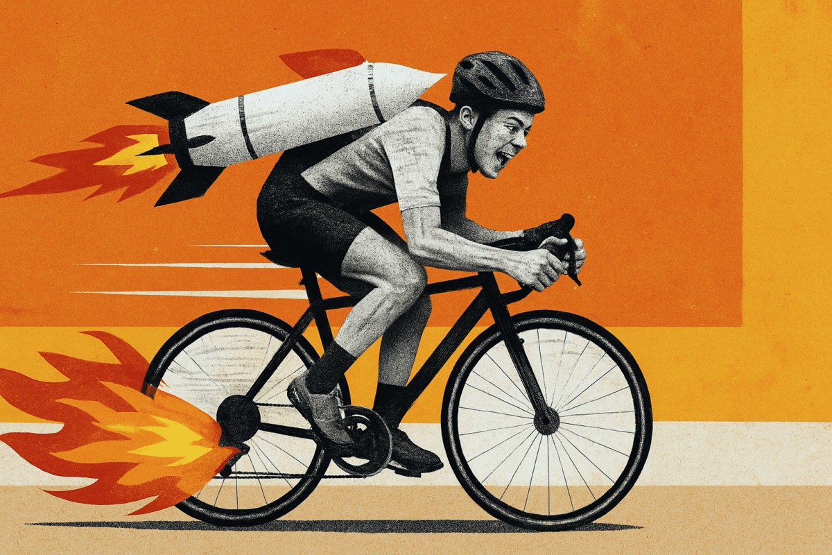 Image of a woman on a rocket bike.