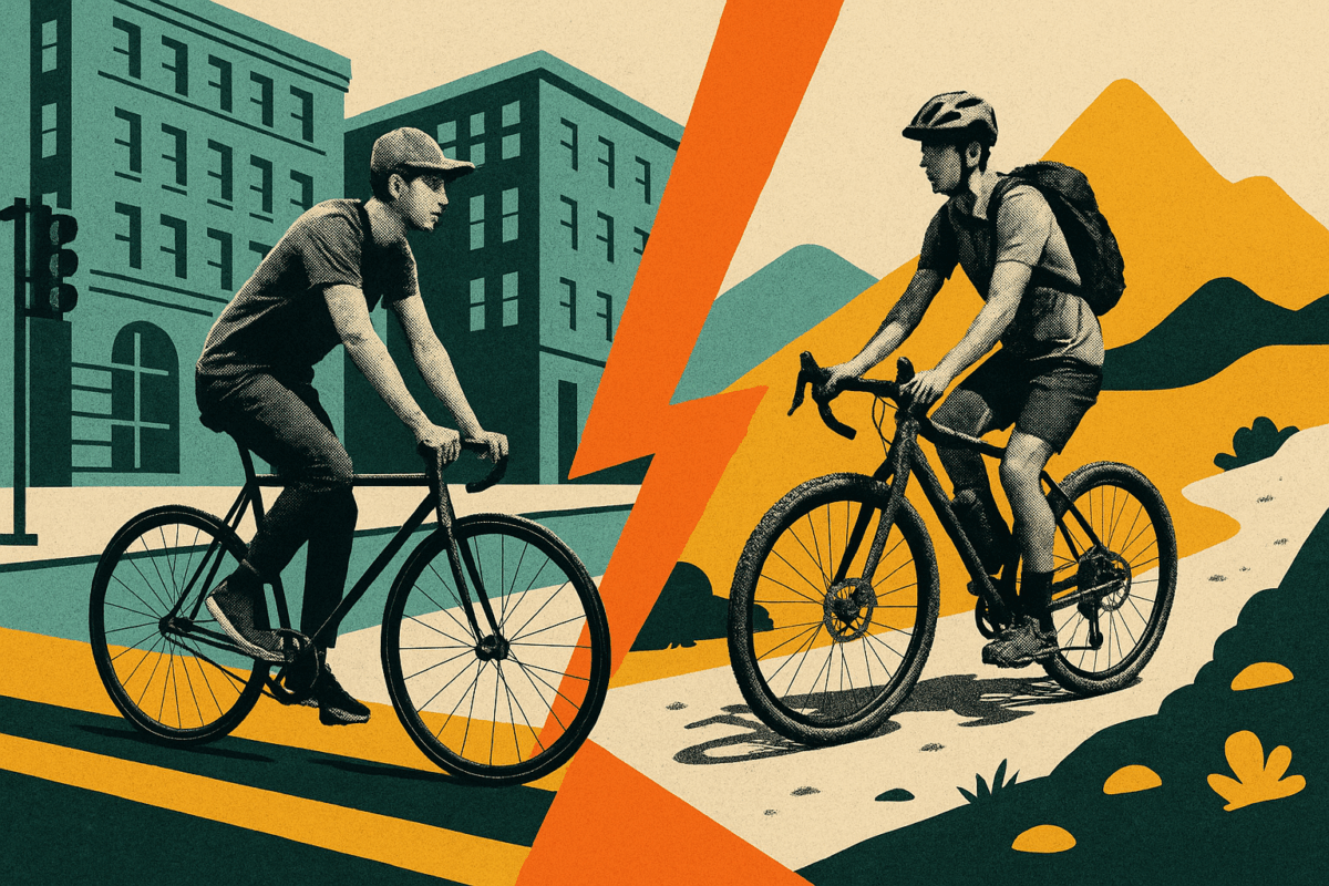 Editorial collage comparing a fixed gear bike and a gravel bike split diagonally into two contrasting scenes.