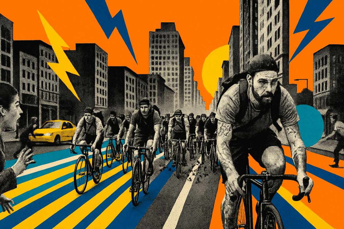 Image in a post titled 'what are alley cat races? Underground bike racing explained (complete guide)' | image of a bunch of alley car racers in fixed gear bikes in the ciy | fixed gear focus Image of a bunch of alley car racers in fixed gear bikes in the ciy.