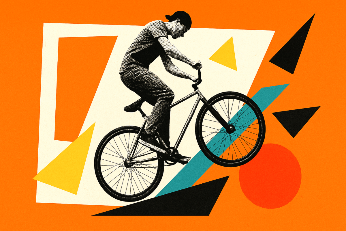 Image of a fixed gear cyclist doing a wheelie on a fixie.