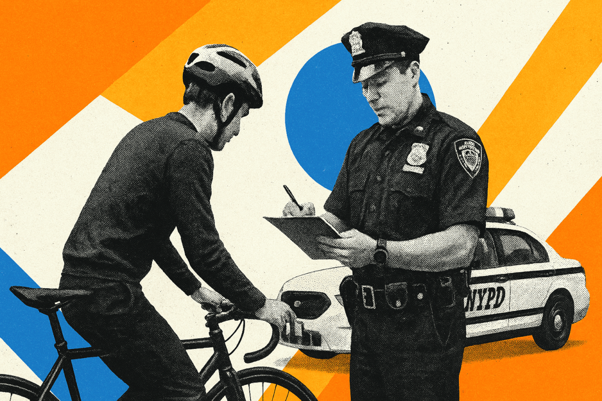 Image of police officer giving a summons to biker.